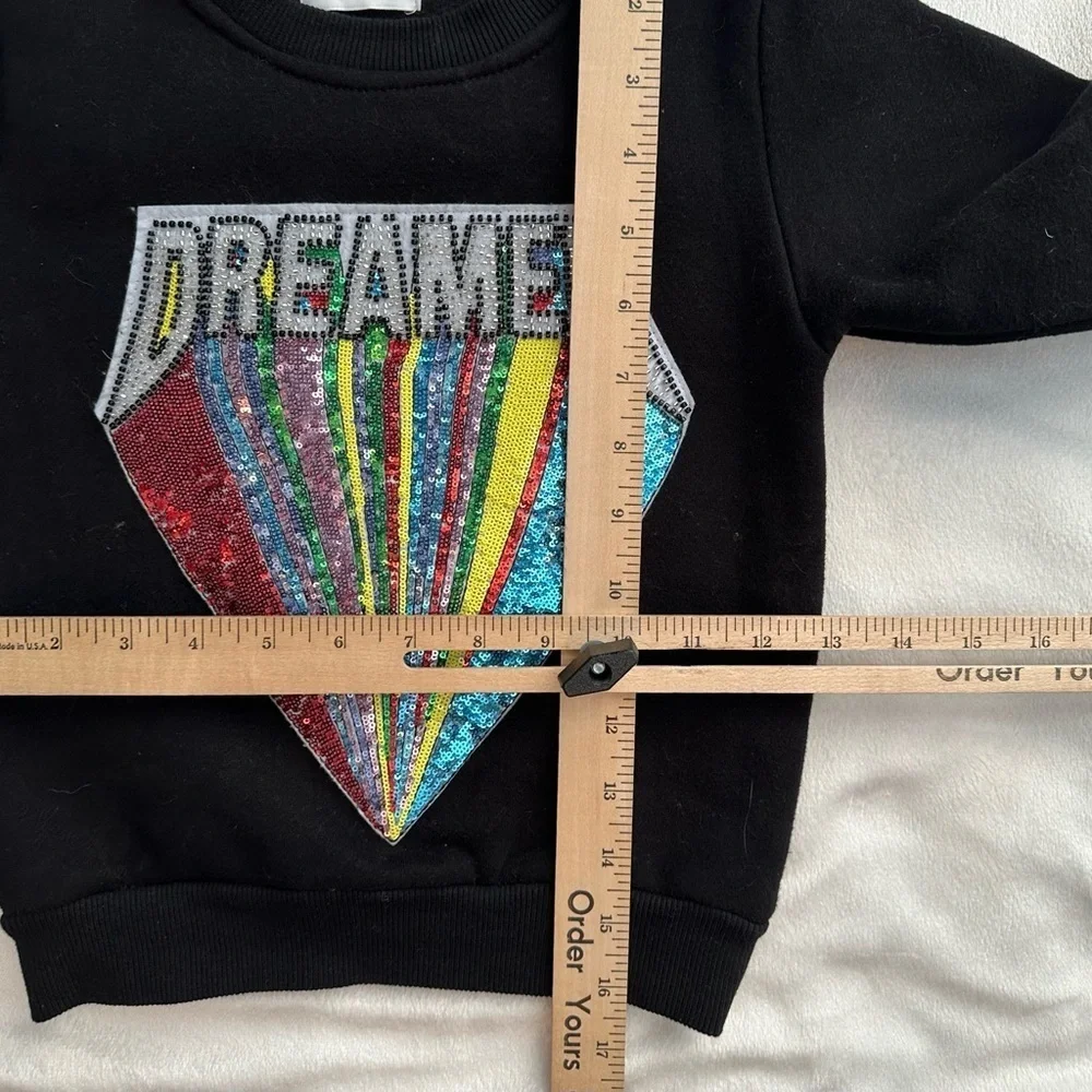 Lola + the Boys Beaded & Sequins “Dreamer” Patch Sweatshirt Girls 4 black flashy
